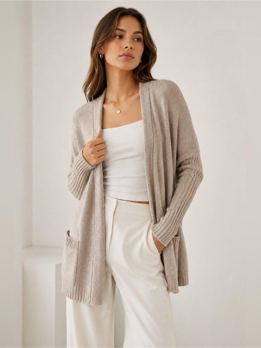 Dynamite Open Front Knit Cardigan Sweater Beige Taupe XS